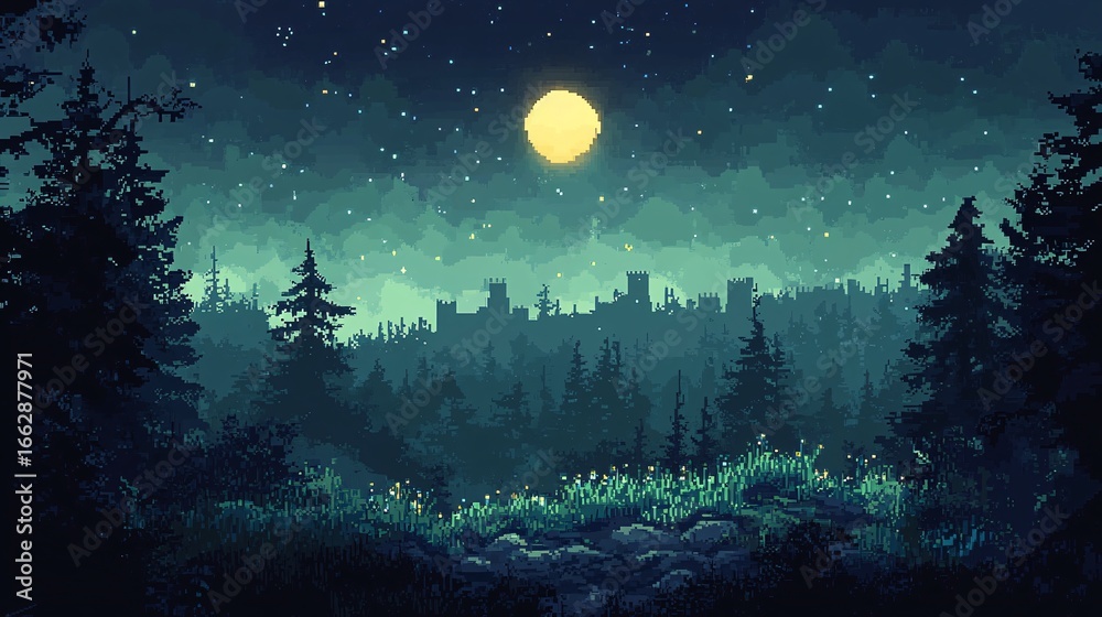 Fototapeta premium Mystical Forest Castle Silhouette Under a Full Moon Sky