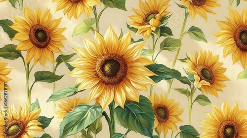 Beautiful close-up of bright yellow sunflowers with green leaves against a soft light background, conveying warmth and natural beauty