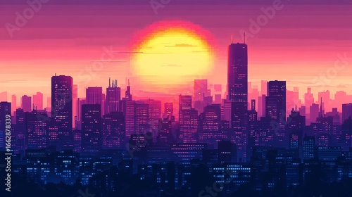 Retro futuristic cityscape with a vibrant sunset aesthetic