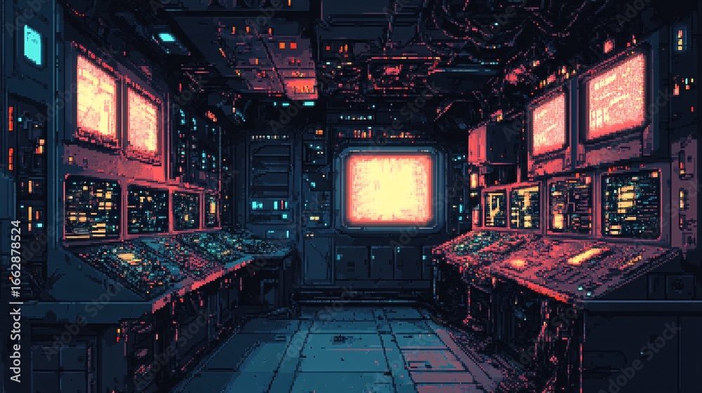 Fototapeta premium Retro Futuristic Cyberpunk Control Room with Glowing Screens