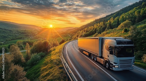 Large white semi-truck driving on a winding highway through green hills during a vibrant sunset with dramatic clouds over a mountainous landscape