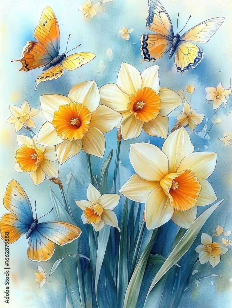 Obraz premium Bright yellow and white daffodils blooming with vibrant orange centers surrounded by delicate butterflies fluttering against a soft blue sky background