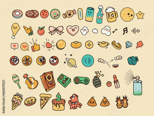 Vector illustration of fast food set with hot dog, pizza, hamburger, fries, cola, ice cream, wine, donut and popcorn