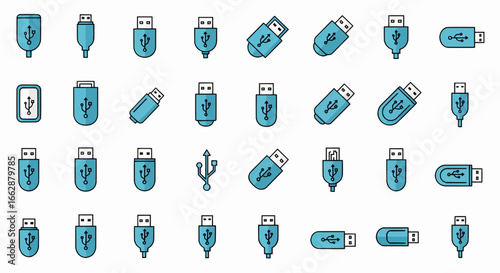 Vector illustration set of various USB connectors and flash drives in a modern style