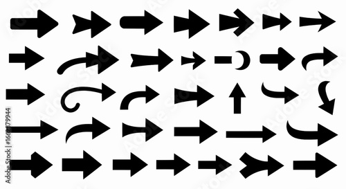 collection of black arrows on white background, pointing direction and navigation concepts, abstract design