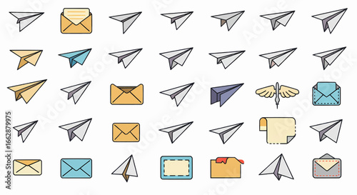 Versatile collection of communication icons for digital messaging, email, and paper airplane concepts