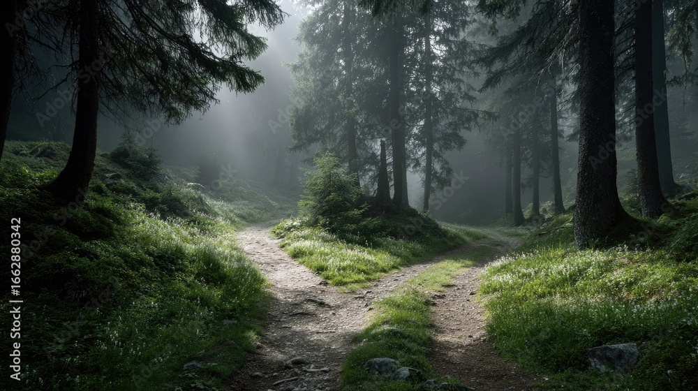 Fototapeta premium Misty forest path forks in a sunlit clearing