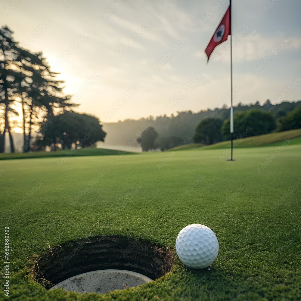 Obraz premium A close-up view of a golf ball near the hole on a green golf course. A flag is visible in the background, surrounded by trees and morning mist.