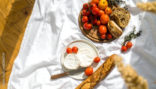 A picnic spread of cheese, bread, and tomatoes