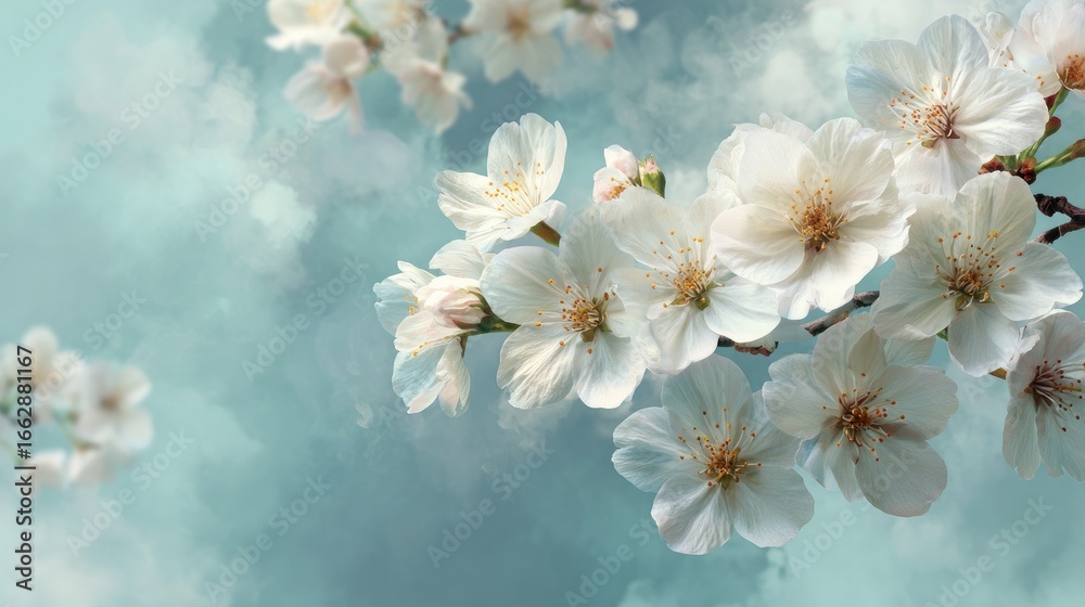 Obraz premium Delicate white cherry blossoms against a soft teal sky
