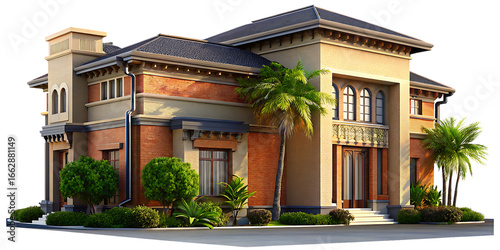 Ornate Mediterranean Style Villa with Lush Greenery and Palm Trees architecture house isolated on a transparent background