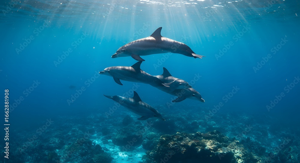 Fototapeta premium Dolphins Swimming Gracefully A Captivating Underwater View of Marine Mammals in the Ocean