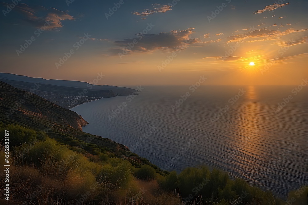 Fototapeta premium Sunset over the Ocean from a Hilltop