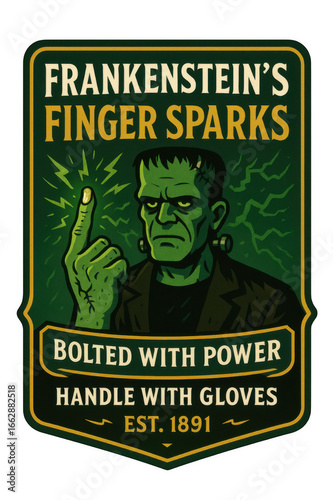 frankenstein finger sparks potion label in vintage apothecary style halloween monster illustration with electricity spooky alchemy design perfect for potion packaging witchcraft art and eerie decor
