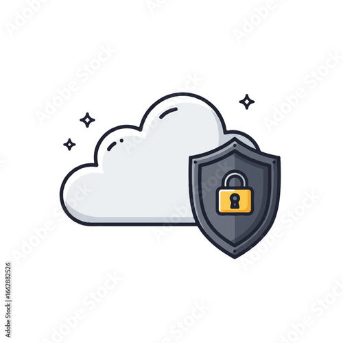 A minimalist 2D flat vector illustration depicts a secure monoline cloud, safely enveloped by a sleek shield with a simple lock icon, conveying data protection on a white background.