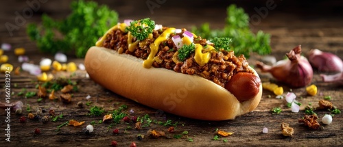 The delicious hotdog topped with savory ingredients and fresh herbs.