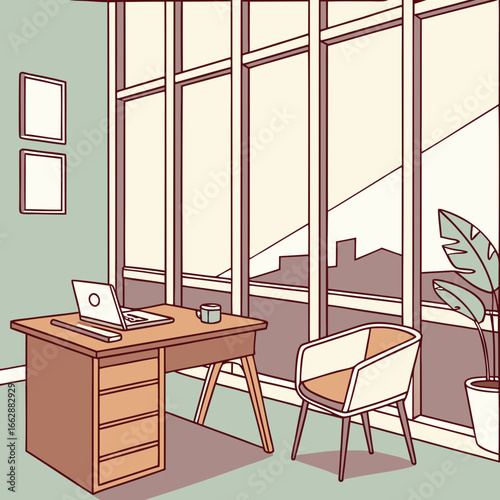 A stylized office scene for stock content. A desk, chair, and plant sit near a large window with a city view.