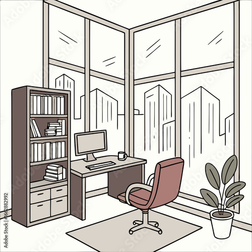 Illustration of an office interior with a large window and cityscape. The room features a desk, chair, bookshelf, and potted plant.