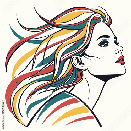 An illustration of a woman in profile with colorful flowing hair.