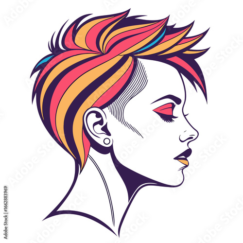 This vector graphic depicts a woman in profile with a colorful, spiky hairstyle. It appears in a selection of similarly styled 
