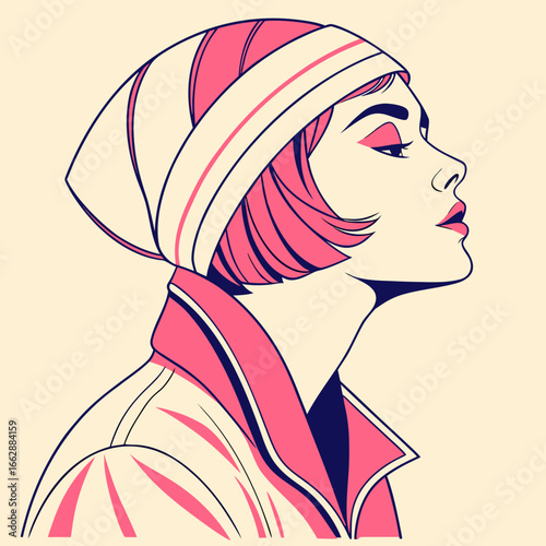 Vector illustration of a woman in a hat and coat, stylized with clean lines and pastel colors. Use this image to show style.