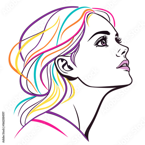 A stylized illustration of a woman with colorful hair looking upwards. 