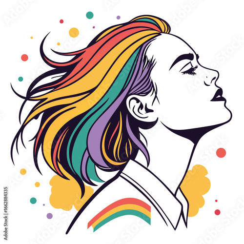 The image is an illustration of a person in profile with rainbow-colored hair. It appears to be a vector graphic,