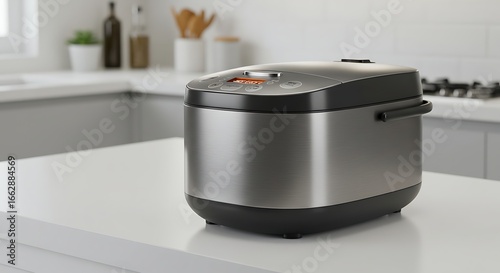 Elegant Stainless Steel Rice Cooker on a Modern Kitchen Countertop, Featuring Digital Display and Sleek Design Aesthetic with Minimalist Background