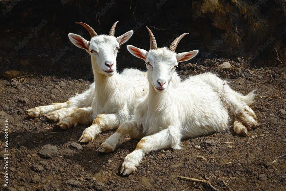 Fototapeta premium Two white goats with curved horns resting closely together on dry soil in warm natural light