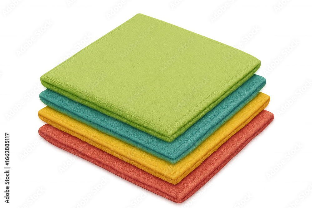 Fototapeta premium Four colorful and fluffy terry towels stacked neatly, creating a vibrant display of bathroom essentials on a transparent background