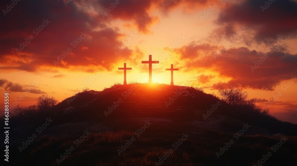 Obraz premium Three crosses on a hill silhouetted against a vibrant orange and yellow sunset sky with scattered clouds, evoking a serene and contemplative atmosphere