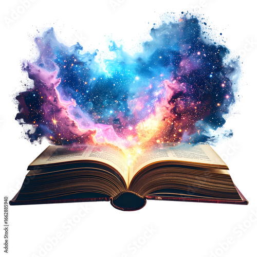 An open book bursts with colorful cosmic energy and stardust, igniting imagination.