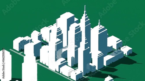 Isometric Cityscape Animation: Modern Skyscrapers on Green Background