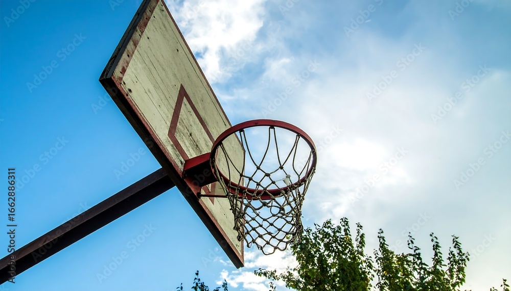 Basketball hoop against a partly cloudy sky Basketball hoop against a partly cloudy sky