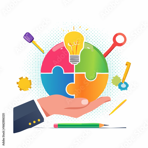 Trendy Halftone Collage Logic and critical thinking. Cognitive strategy for mind. Hand with puzzle, lightbulb, key and pencil. Idea of creativity.