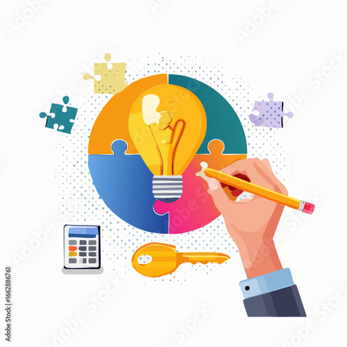Trendy Halftone Collage Logic and critical thinking. Cognitive strategy for mind. Hand with puzzle, lightbulb, key and pencil. Idea of creativity.