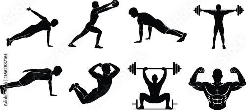 Silhouettes of diverse fitness exercises, weightlifting, strength training, push-ups, bodybuilder pose, gym 