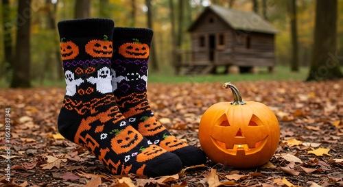 Wallpaper Mural Halloween-themed socks and a carved pumpkin in autumn leaves. Torontodigital.ca