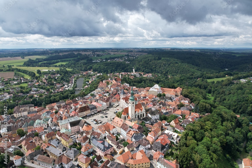 Tabor old town historical city center aerial view with medieval structures Bohemia Czech republic Tabor old town historical city center aerial view with medieval structures Bohemia Czech republic