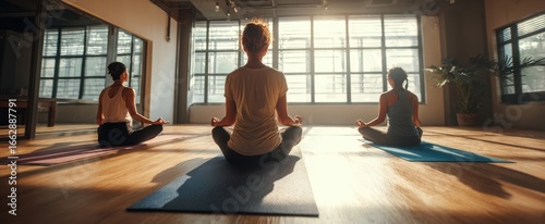 The serene practice of meditation with women in a yoga studio setting.