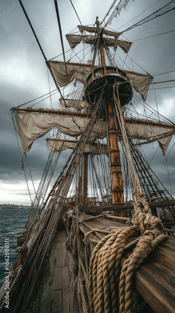 Obraz premium Towering medieval ship mast with rigging and sails