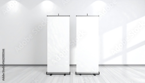 Two blank roll-up banners in a bright room
