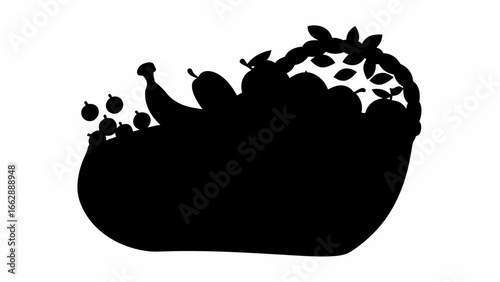Silhouette of a woven basket overflowing with various fruits including bananas pears and small berries visible