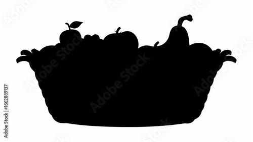 Silhouette of a basket overflowing with various fruits including apples pears and plums in black and white