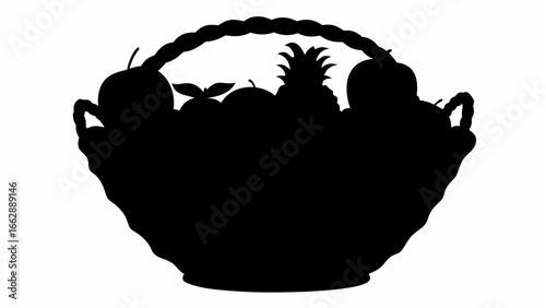 Silhouette of a woven basket filled with various fruits including pineapple and pears and apples and oranges