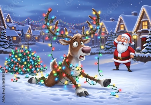 Cartoon Reindeer Tangled in Christmas Lights. A humorous cartoon reindeer tangled in colorful Christmas lights with Santa in the background.