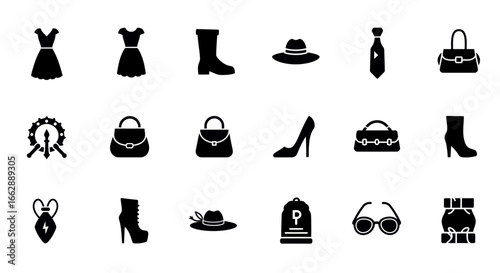 Collection of Fashionable Black Silhouette Icons: Dresses, Boots, Hats, Bags, and Accessories