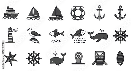 A diverse set of grayscale nautical and marine themed line art icons, including ships, anchors, and sea life.