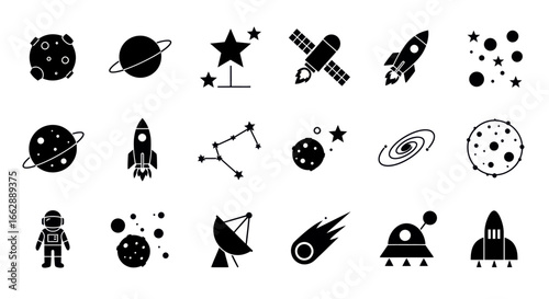 Monochrome space and astronomy icon set featuring planets, rockets, stars, and an astronaut in a simple glyph style.