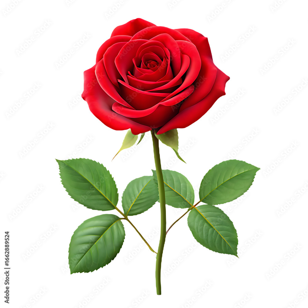 Fototapeta premium Realistic Red Rose with Green Leaves on White Background flower bloom isolated on a transparent background